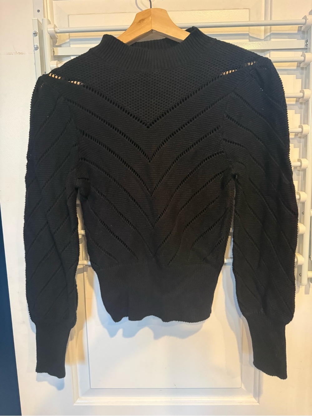 Express Black Open-Knit Mock Neck Sweater with Puff Sleeves